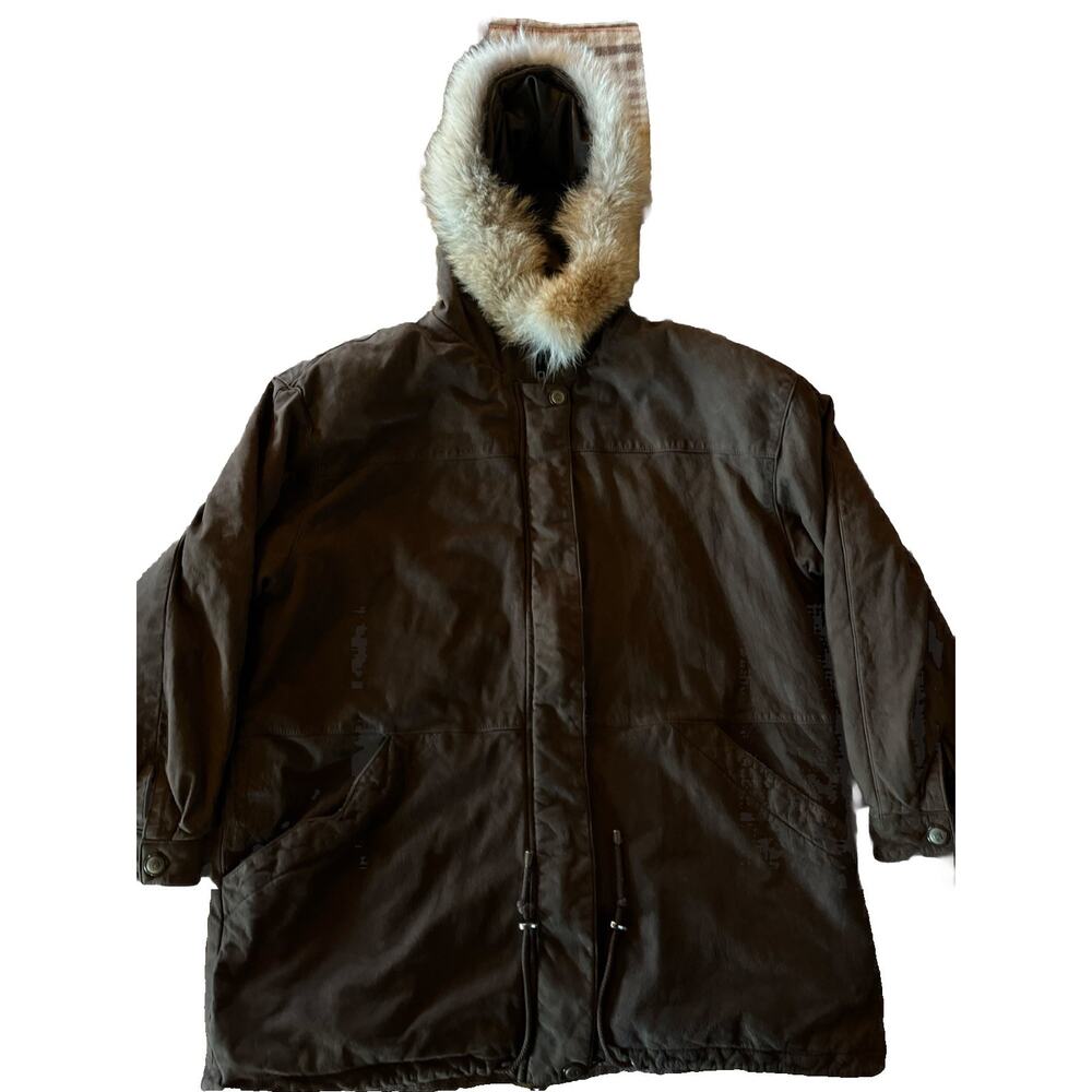 Vintage 90s Hamilton Manor Large Suede Leather Parka Coat Coyote Fur LS Zip Up